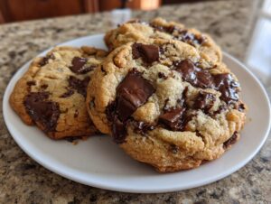 Three freshly baked chocolate chip cookies with gooey, melted chocolate chunks served on a white plate.
