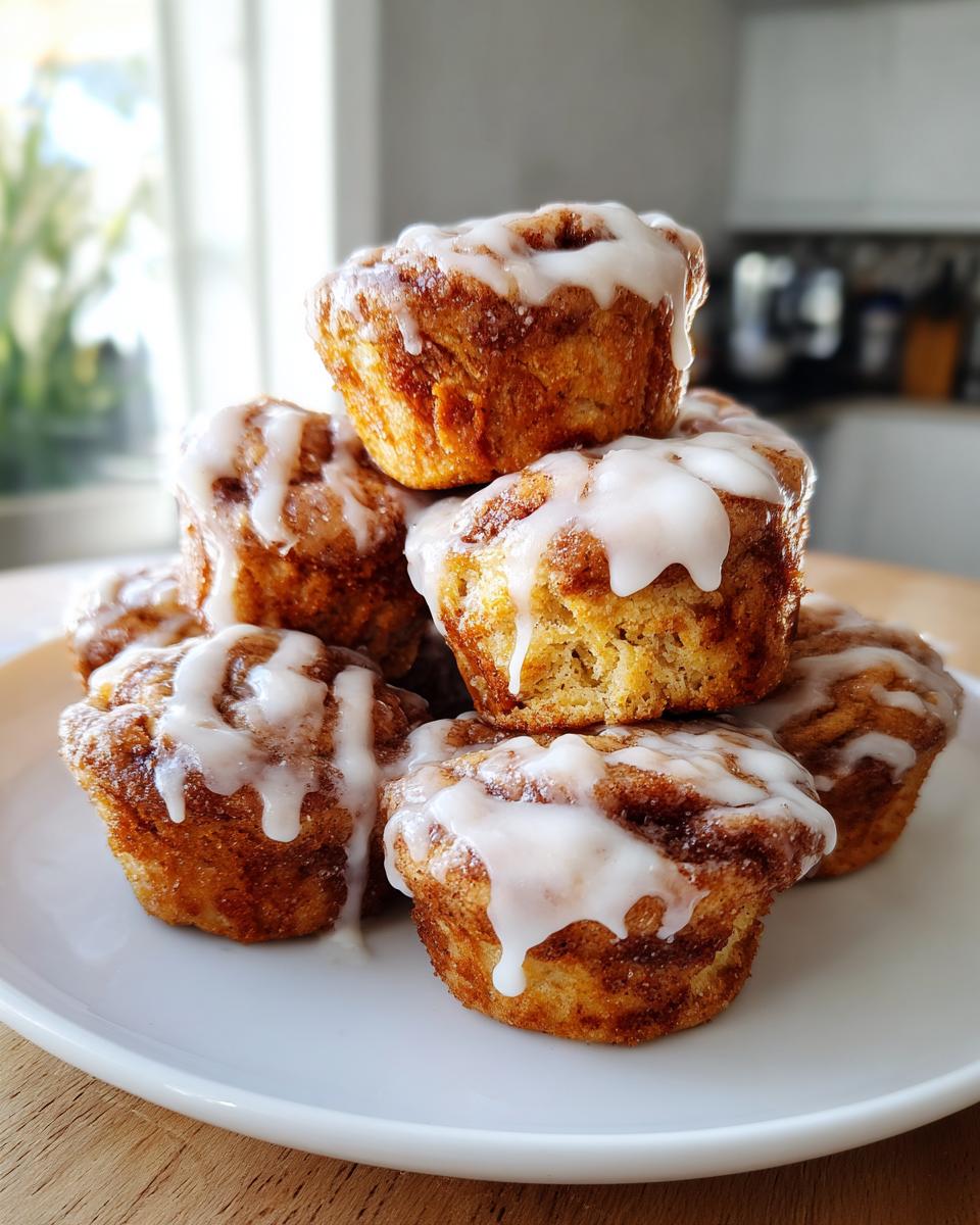 A stack of freshly baked cinnamon roll muffins drizzled generously with white icing, sitting on a white plate.