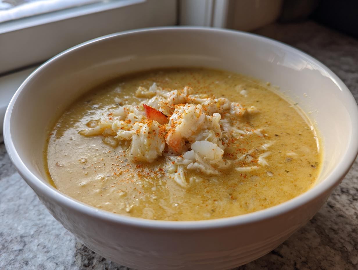A close-up of a creamy, rich bowl of crab soup topped with generous flakes of white crab meat and a sprinkle of paprika.