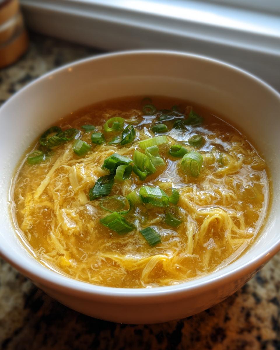 A close-up view of a bowl of golden egg drop soup, garnished with fresh chopped green onions.