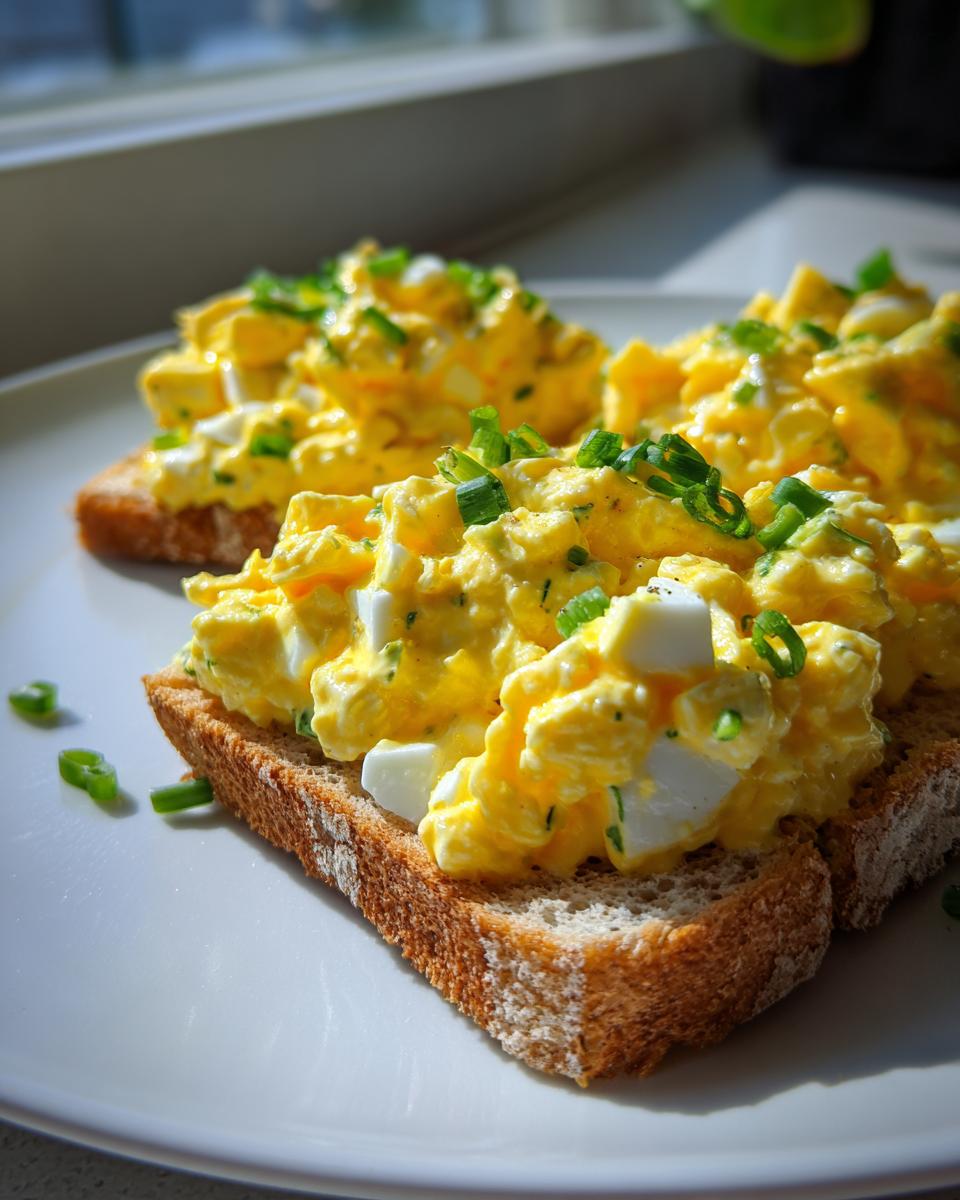 Close-up of creamy, yellow egg salad recipe generously piled onto slices of toasted bread and topped with fresh chives.