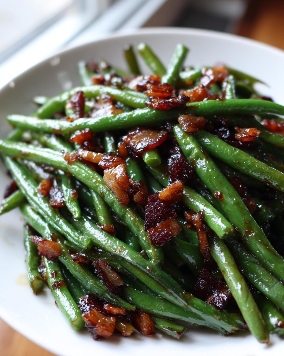 Close-up of vibrant green beans tossed with caramelized, crispy bacon pieces.