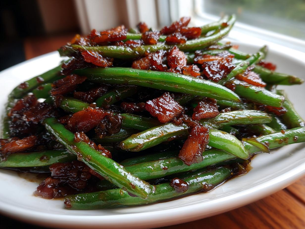Close-up of vibrant green beans tossed in a dark, savory glaze with crispy bacon pieces.