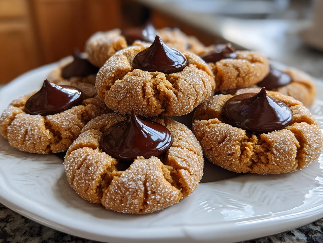 A plate piled high with soft, sugar-coated kiss cookies topped with melted chocolate kisses.