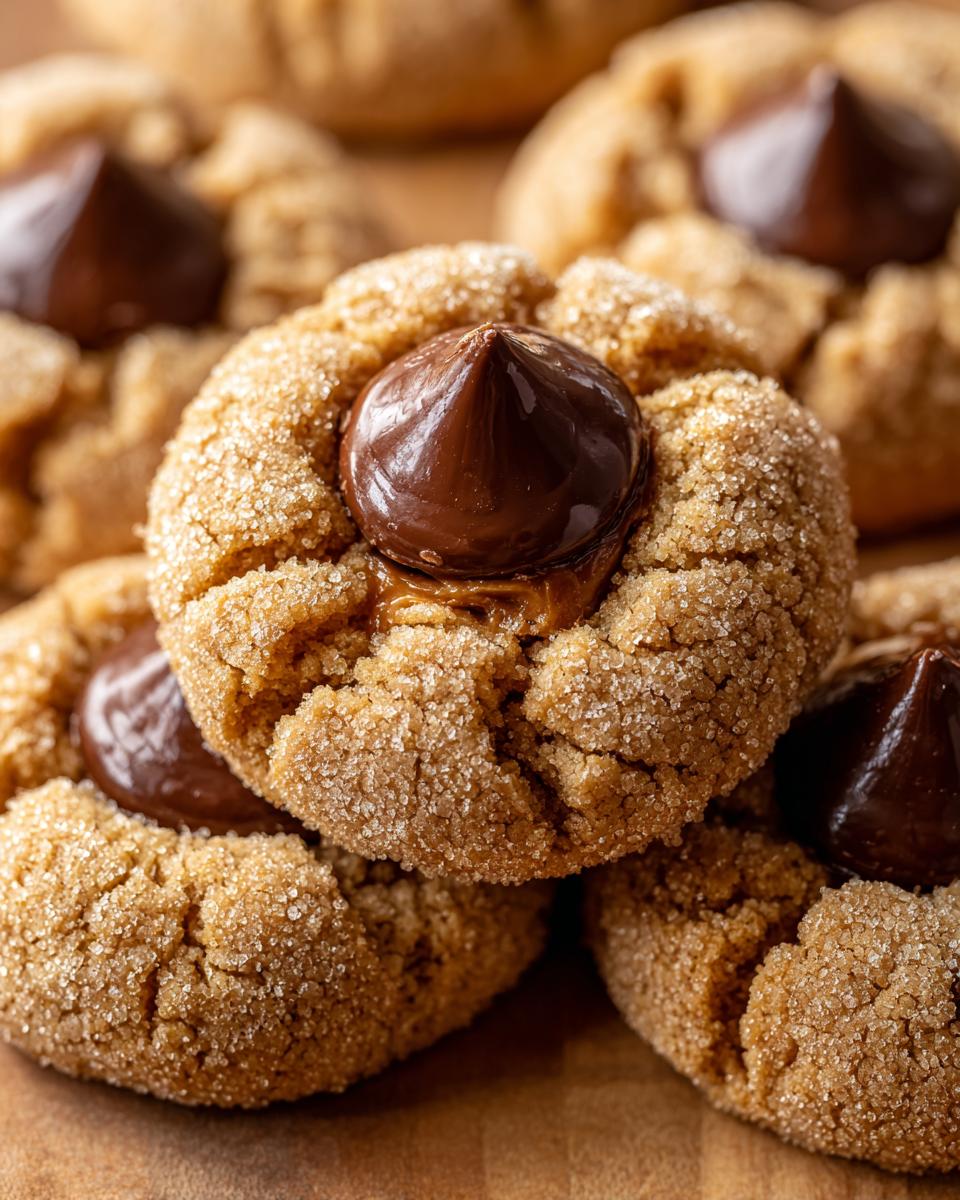Close-up of soft, sugar-coated peanut butter kiss cookies with melted chocolate centers.
