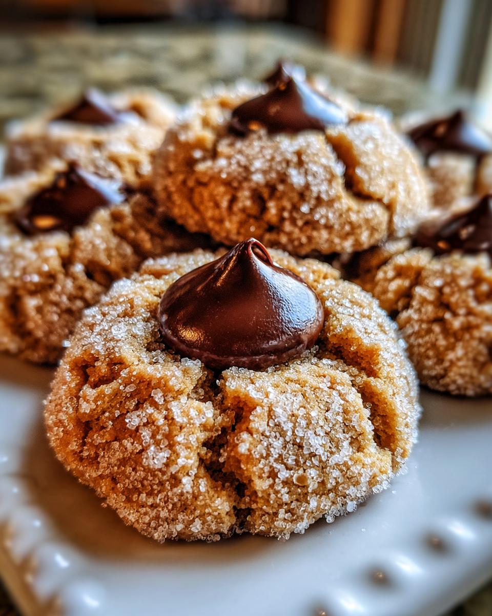 Close-up of soft peanut butter kiss cookies rolled in sugar with a chocolate kiss pressed in the center.