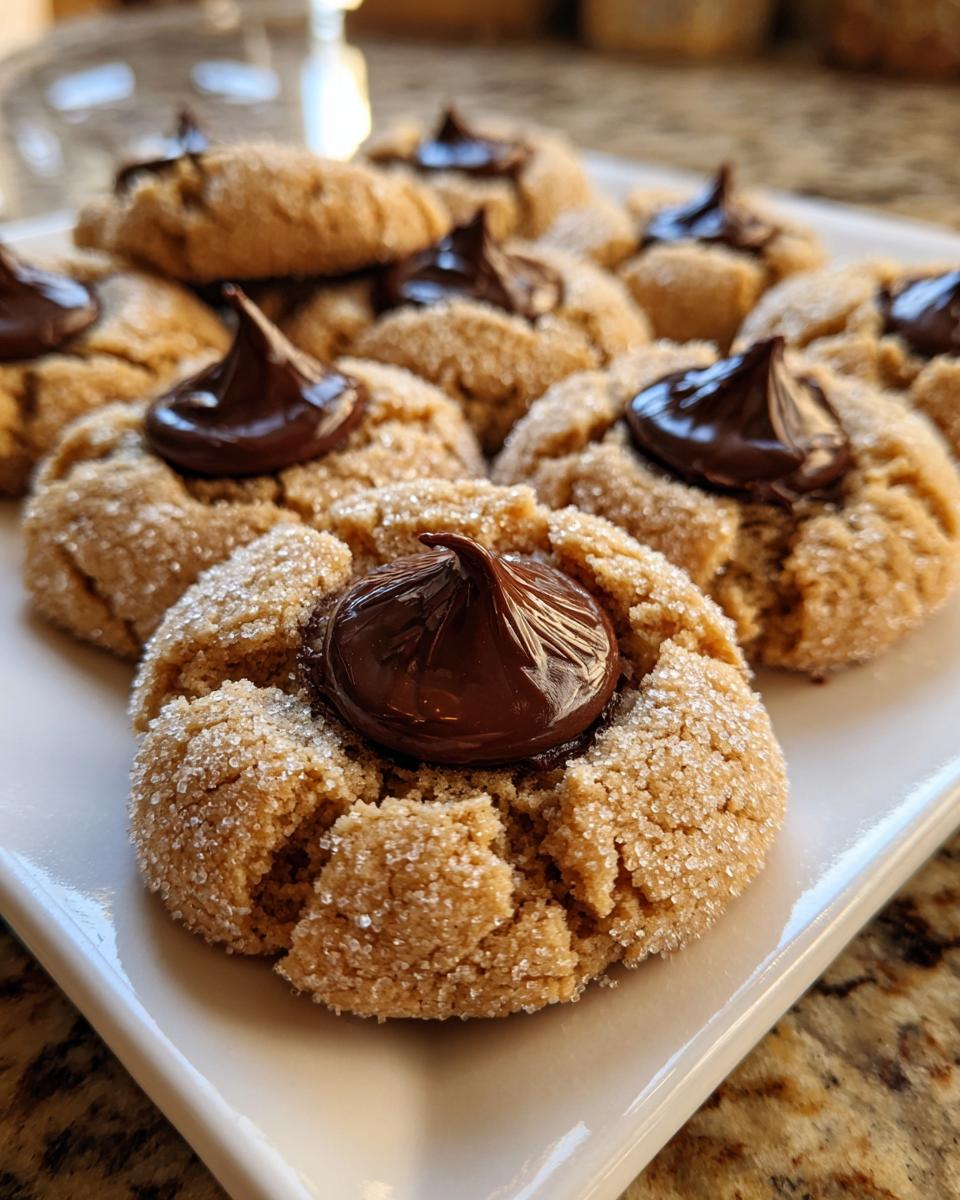A close-up of several soft, sugar-coated kiss cookies topped with melted chocolate kisses.