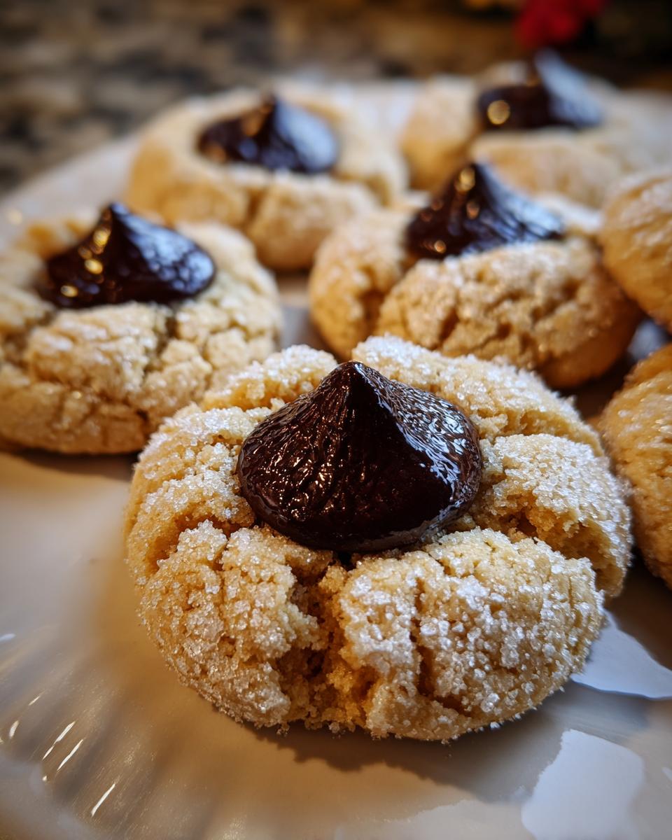 Close-up of soft peanut butter kiss cookies rolled in sugar with a chocolate kiss pressed into the center.
