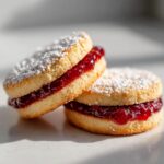 Close-up of two round linzer cookies filled with bright red raspberry jam and dusted with powdered sugar.