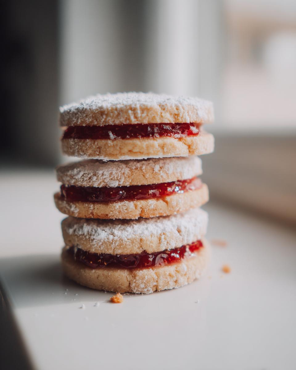 A vertical stack of three homemade linzer cookies filled with bright red jam and dusted with powdered sugar.