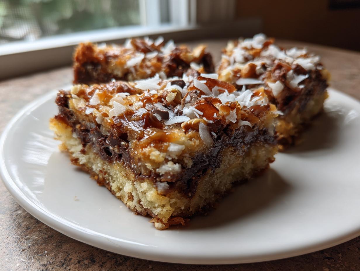 Three squares of amazing magic cookie bars featuring a thick crust, chocolate, and a topping of coconut and nuts.