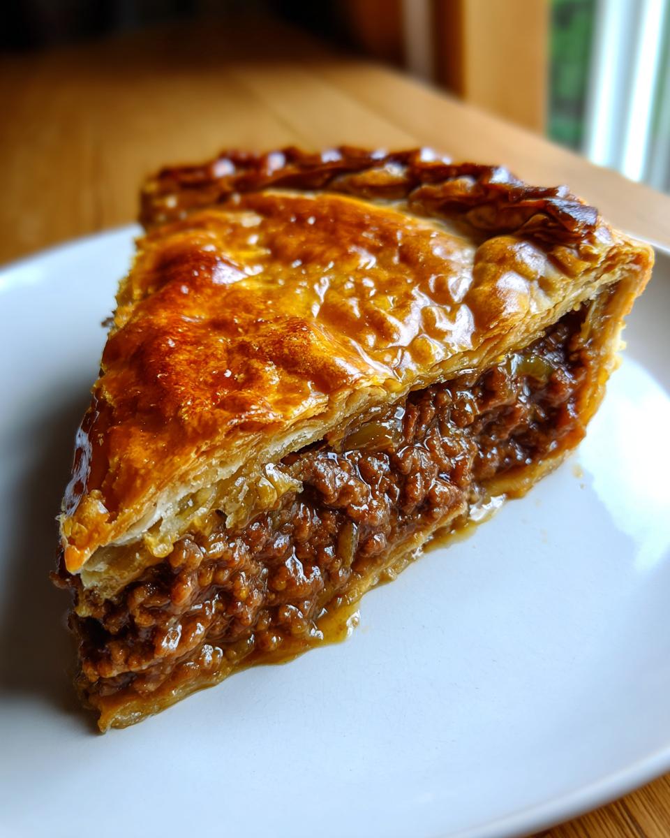 A close-up slice of a rich, savory meat pie showing a thick, glistening brown filling and a flaky, golden-brown pastry crust.
