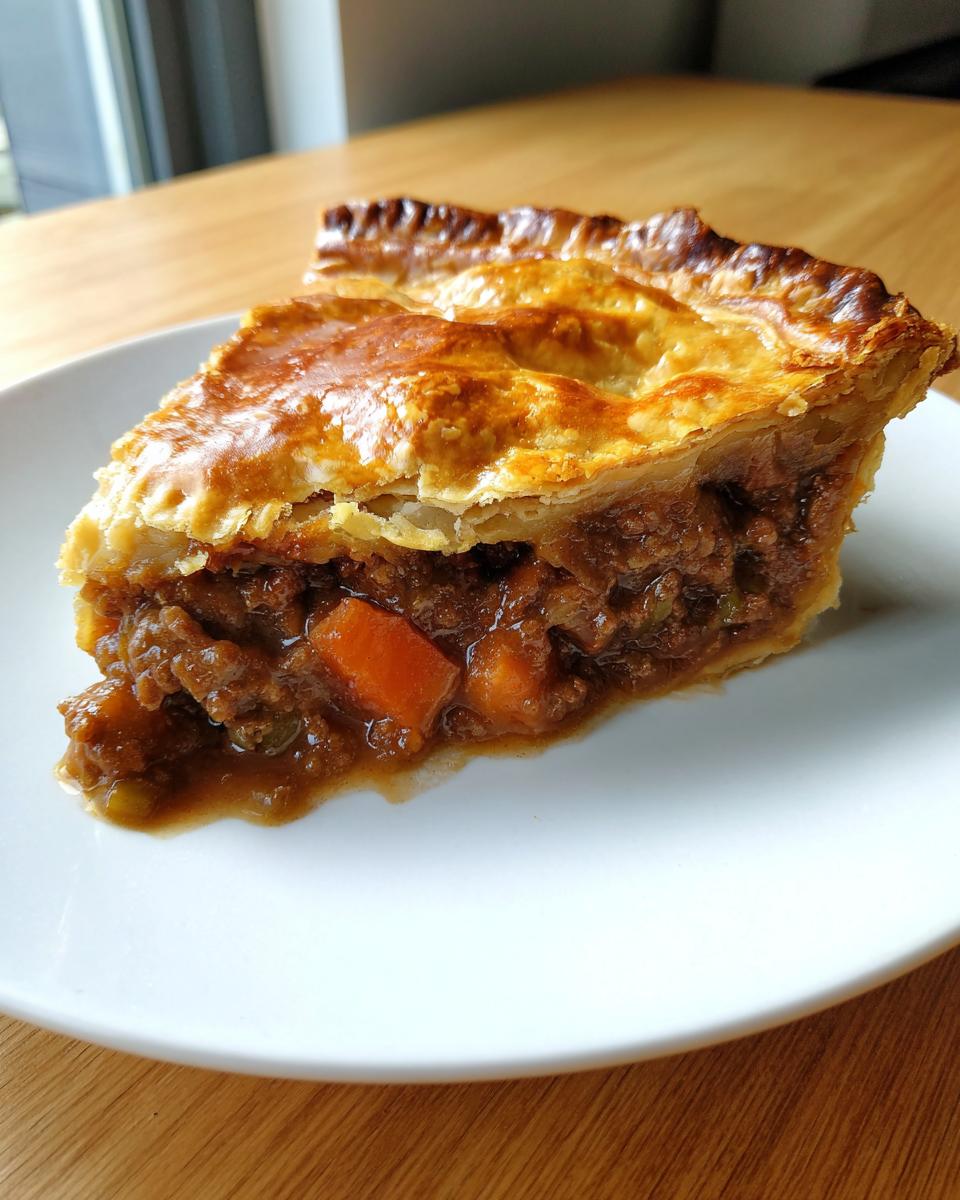 A generous slice of savory meat pie showing a rich, chunky filling and golden, flaky pastry crust.