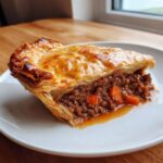 A close-up of a slice of amazing meat pie showing rich, savory filling and golden, flaky pastry crust.