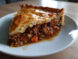A close-up of a generous slice of meat pie showing rich, saucy filling and a golden, flaky puff pastry crust.