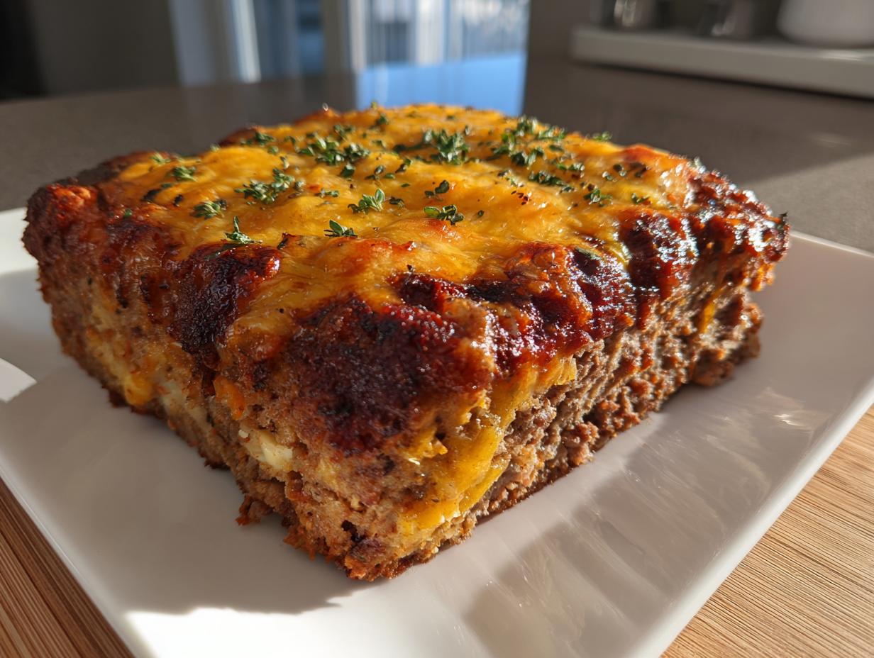 A thick, square slice of amazing meatloaf casserole topped with melted cheddar cheese and fresh parsley.
