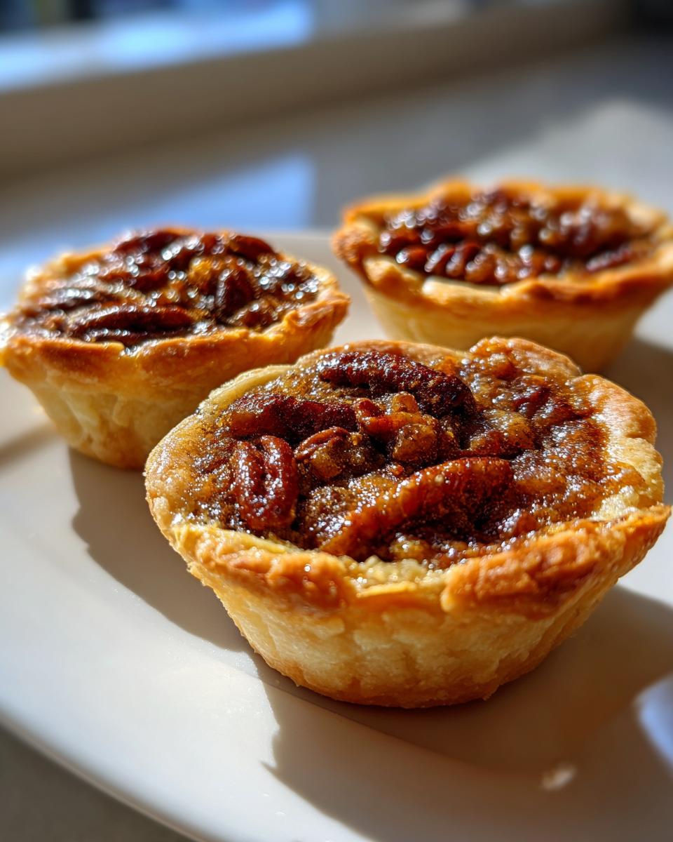 Close-up of three freshly baked mini pecan pies with glossy, caramelized tops sitting on a white plate.