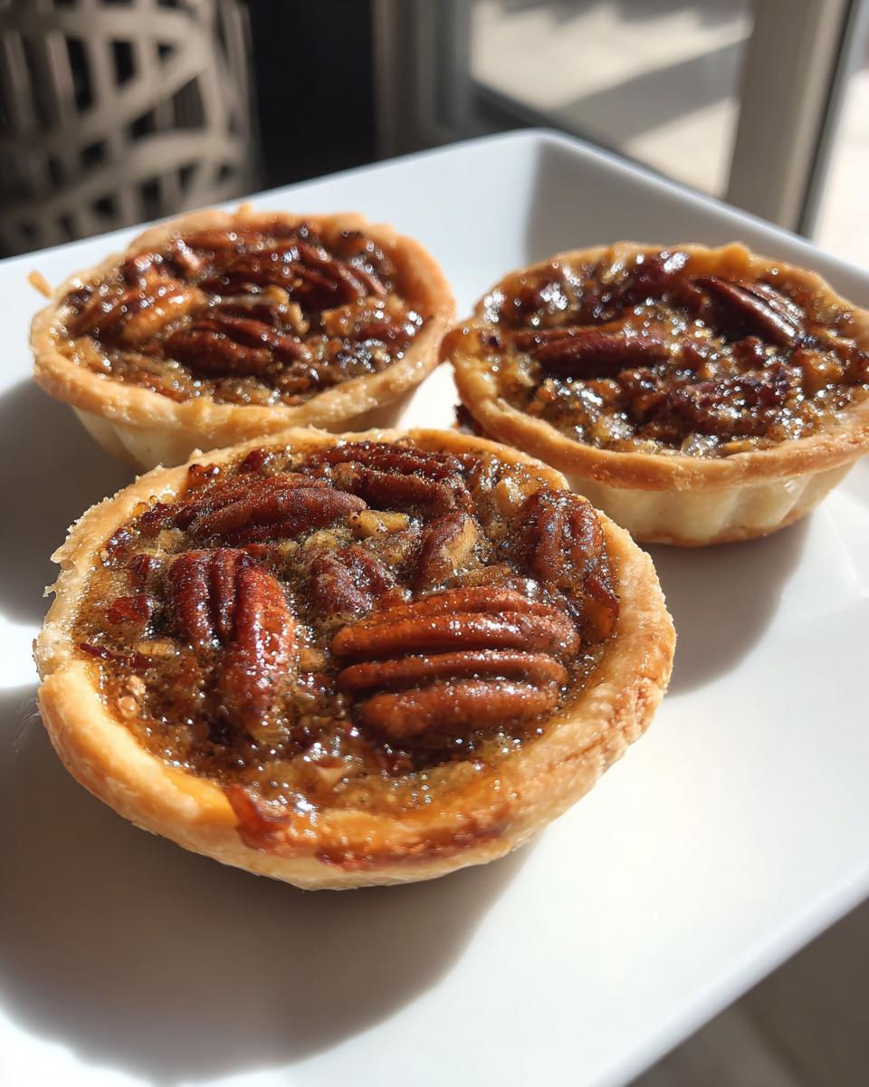 Close-up of three glistening mini pecan pies with whole pecans on top, sitting on a white dish.