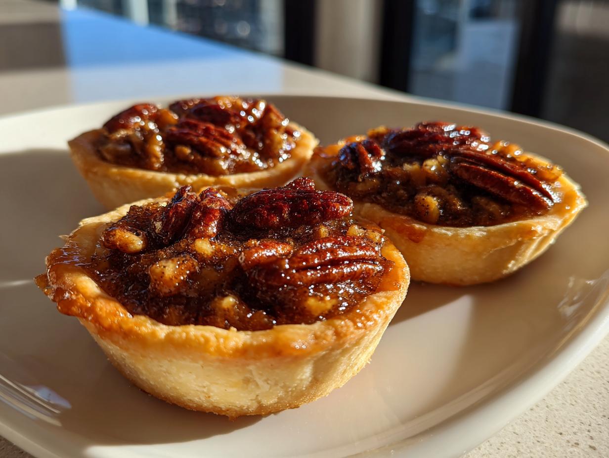 Close-up of three glossy, golden mini pecan pies with whole pecans on top, sitting on a white plate.