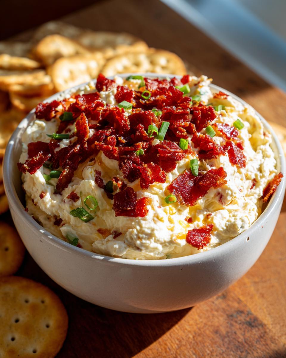 A bowl of creamy Neiman Marcus dip topped generously with crispy bacon bits and chopped green onions, served with crackers.