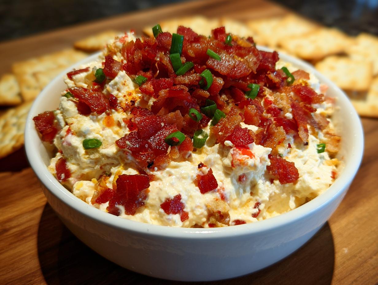 A close-up of the amazing neiman marcus dip in a white bowl, generously topped with crumbled bacon and chopped green onions.