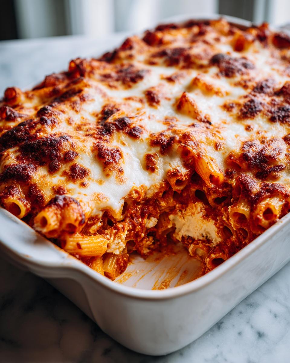 Close-up of a baked pasta bake in a white dish showing bubbly, browned cheese over rich tomato sauce and pasta tubes.