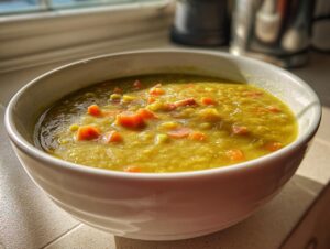Close-up of a white bowl filled with thick, yellow pea soup, visible chunks of carrots and ham.