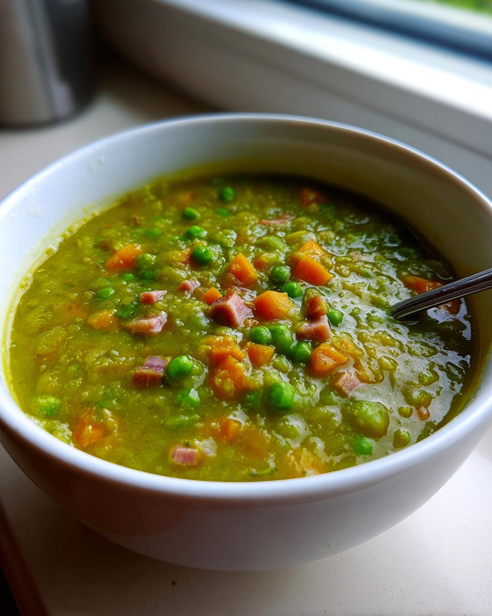 Close-up of a thick, green pea soup topped with diced ham, bright orange carrots, and whole peas.