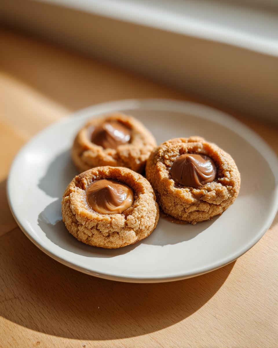 Three freshly baked peanut butter cup cookies with melted chocolate centers resting on a small white plate.