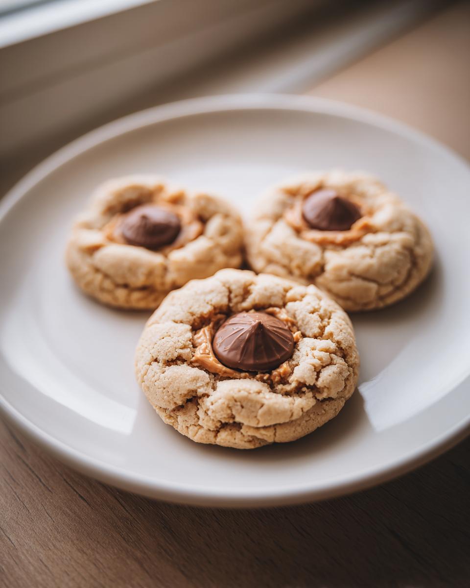 Three freshly baked peanut butter cup cookies resting on a white plate near a window.