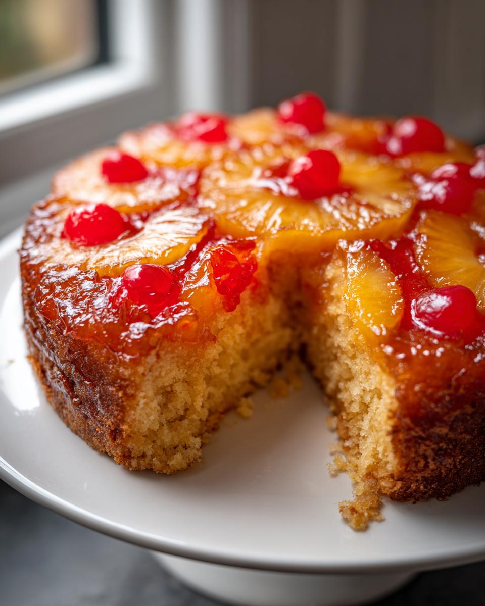 A close-up of a delicious pineapple upside down cake with a slice cut out, showing the moist crumb and caramelized topping.