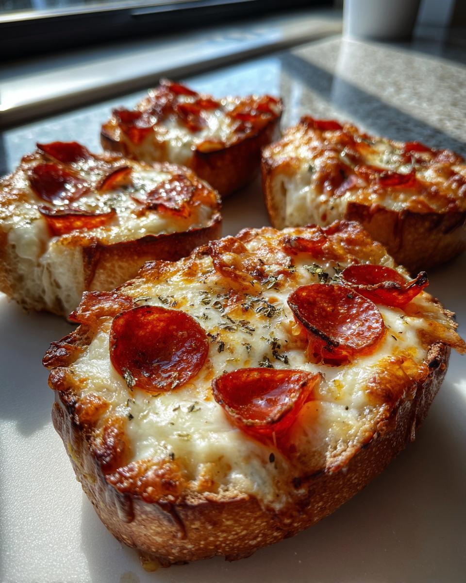 Four golden-brown pizza bagels topped with melted cheese, crispy pepperoni, and herbs, ready to eat.
