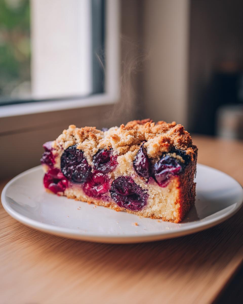 A warm, steaming slice of amazing plum cake with a crumb topping served on a white plate.