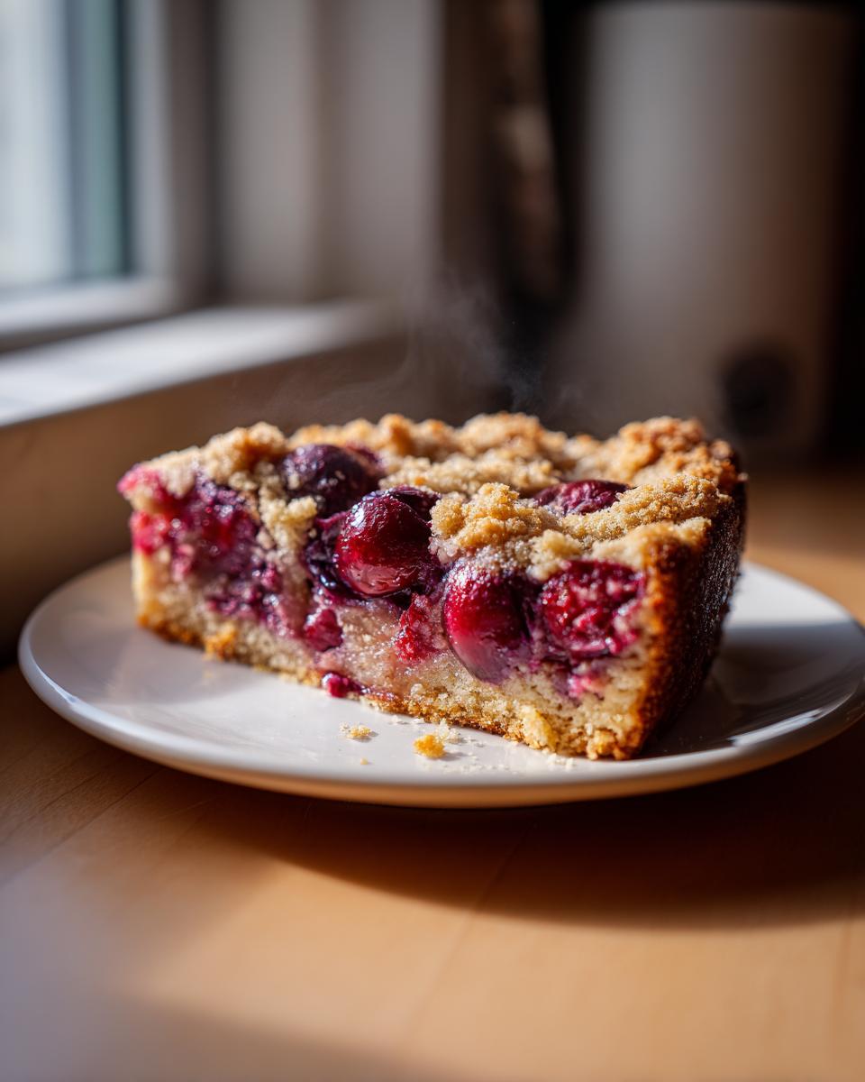 A warm, steamy slice of plum cake with a crumble topping served on a white plate.