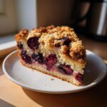 A delicious slice of plum cake featuring dark fruit baked into the batter and topped with golden streusel crumbs.