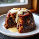 A rich, dark plum pudding cut in half, drizzled with vanilla custard sauce and topped with nuts.