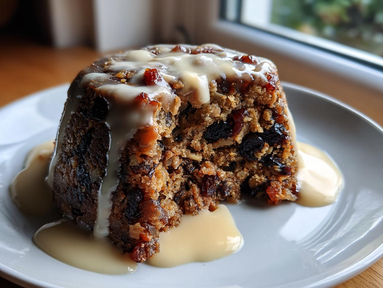 A close-up of a rich, dark plum pudding slice topped with vanilla sauce, showing dried fruit inside.