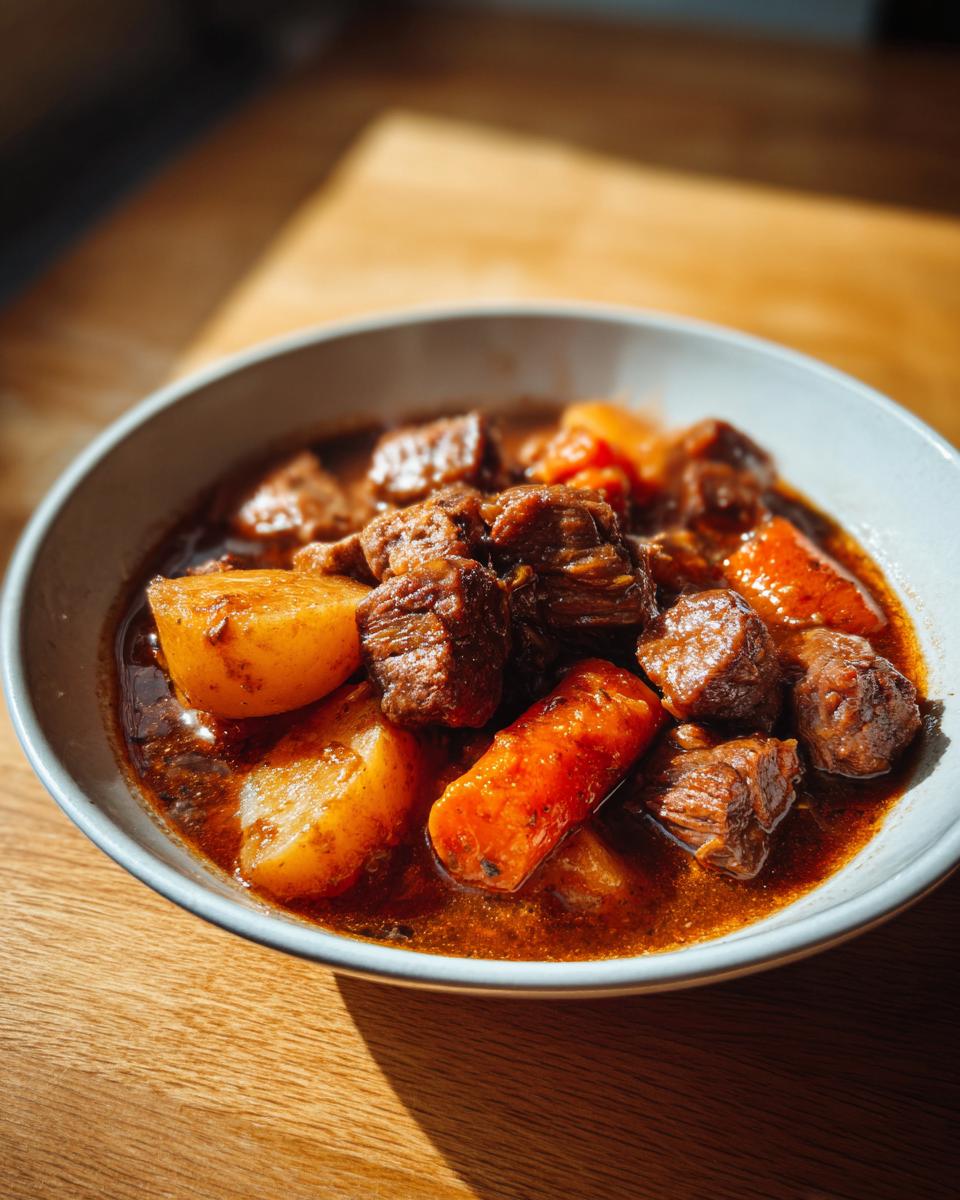 Close-up of a bowl filled with rich, dark pork stew featuring tender chunks of pork, potatoes, and carrots.