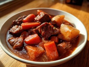 Close-up of a bowl filled with tender chunks of pork stew, carrots, and potatoes in a rich brown gravy.