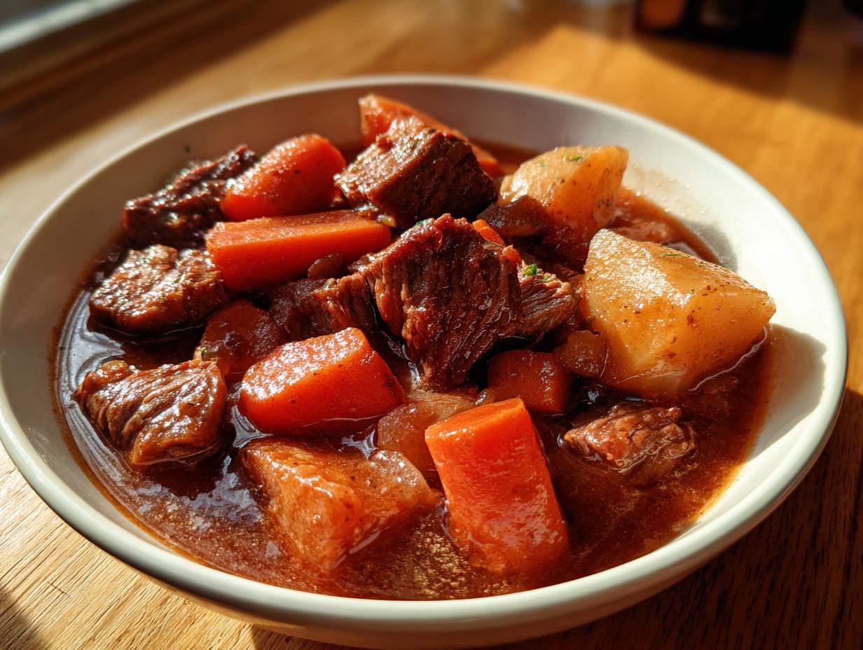 Close-up of a bowl filled with tender chunks of pork stew, carrots, and potatoes in a rich brown gravy.