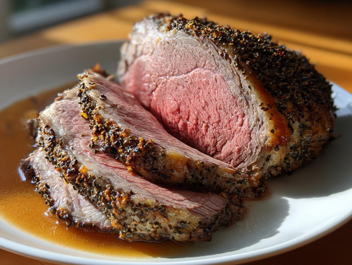 A thick slice of medium-rare prime rib roast rests next to the main roast, showing a dark herb crust and resting juices.