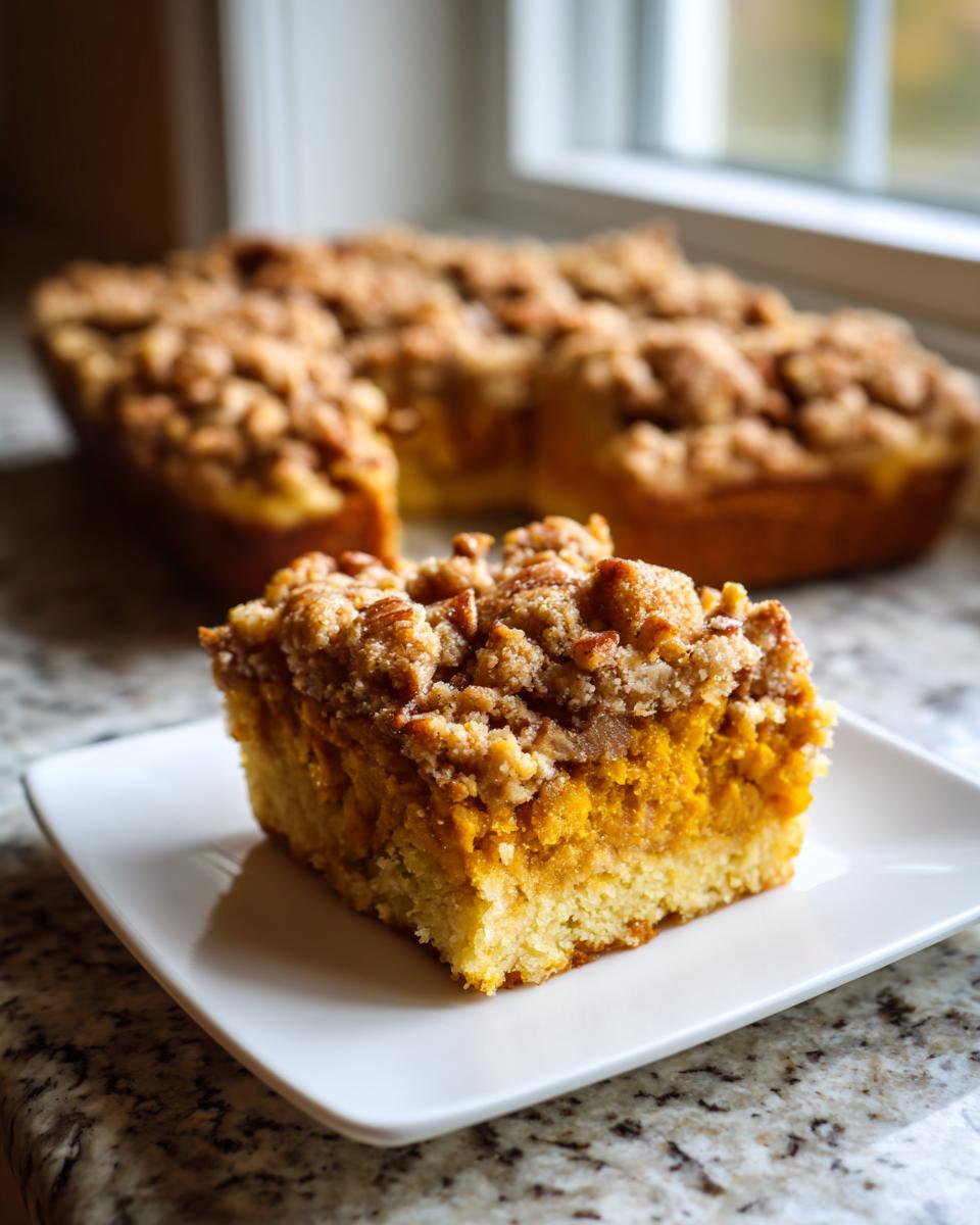 A close-up slice of amazing pumpkin crunch cake showing the pumpkin layer and crunchy pecan topping.
