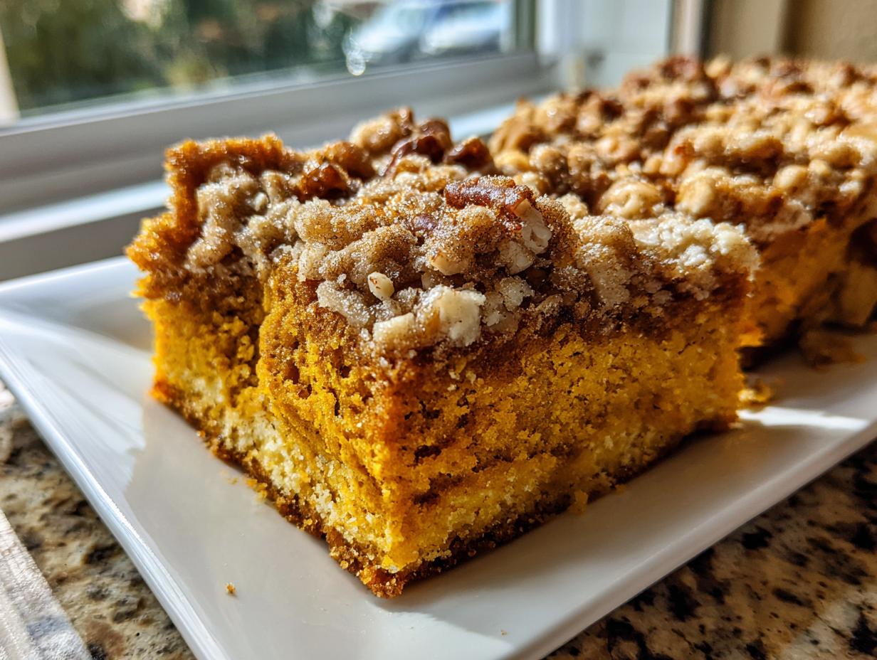 Two slices of moist pumpkin crunch cake with a thick, sugary, nutty topping served on a white rectangular plate.