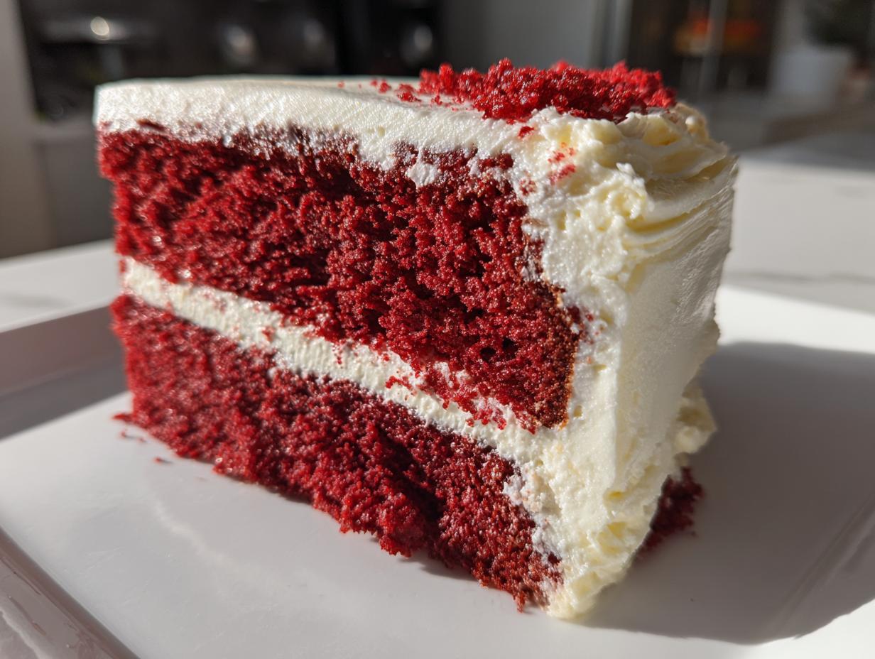 Close-up of a thick slice of vibrant red velvet cake layered with white cream cheese frosting.