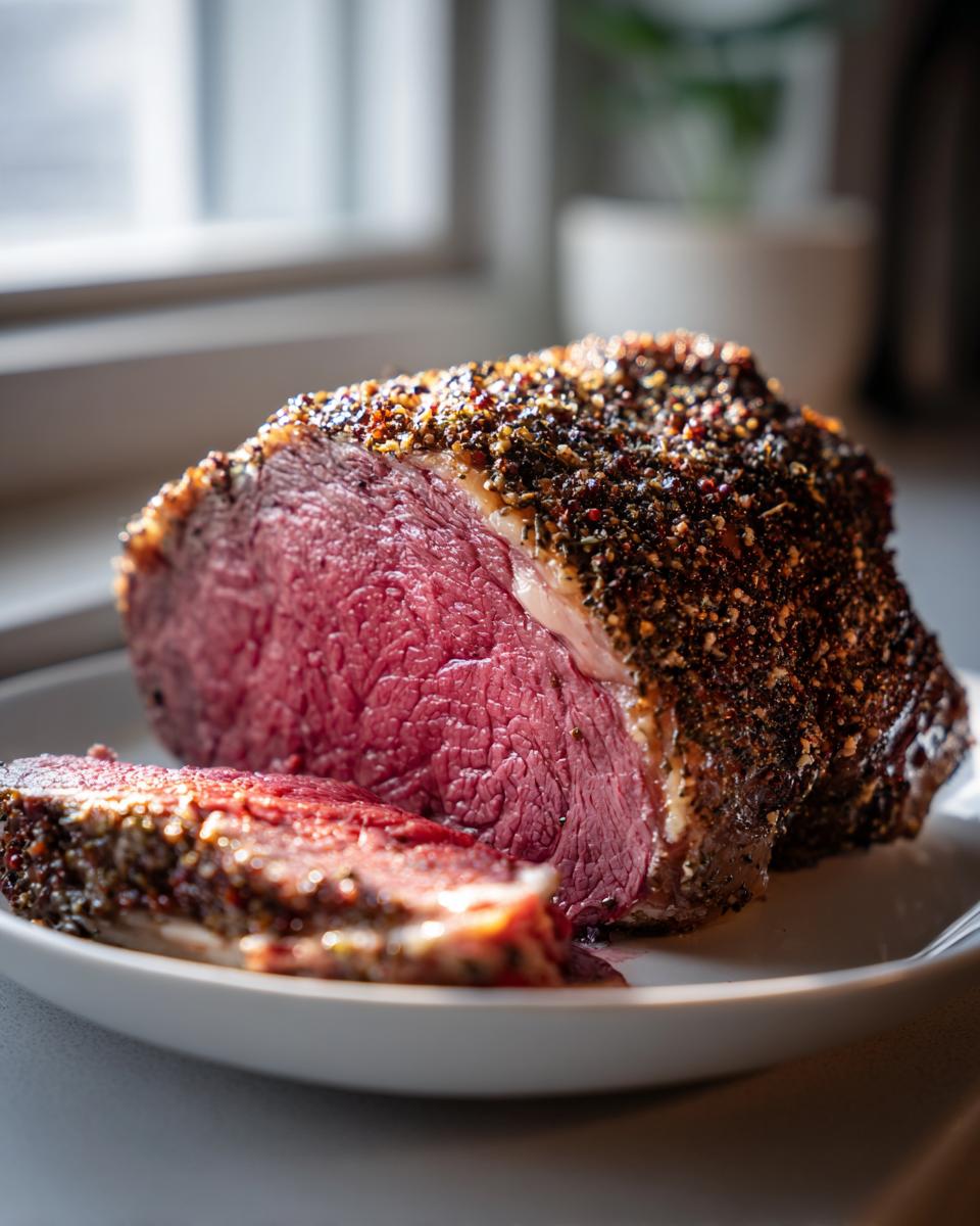 Close-up of a perfectly cooked medium-rare rib roast, sliced to show the pink center and dark herb crust.