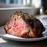 A beautifully seared and herb-crusted rib roast, sliced to show a perfect medium-rare center.