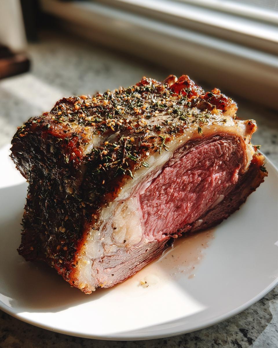A thick slice of perfectly cooked rib roast showing a medium-rare pink center and herb crust.