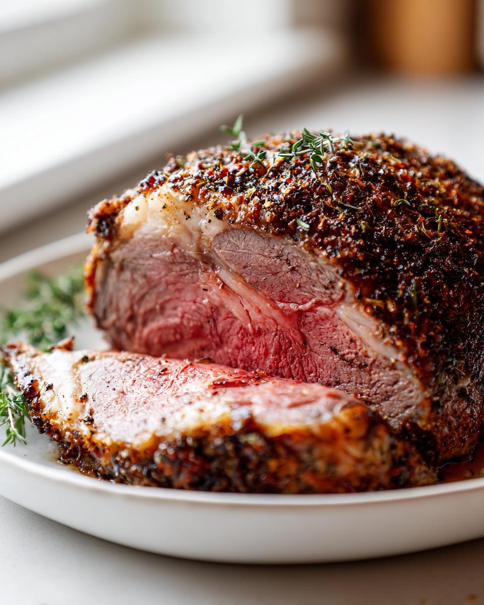 A beautifully cooked rib roast, sliced to show a medium-rare interior and dark herb crust, garnished with thyme.