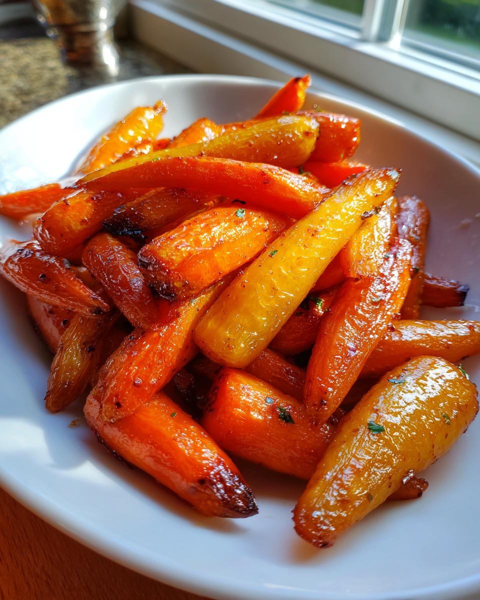 Close-up of sweet and savory roasted carrots, glazed and slightly caramelized, served in a white bowl.