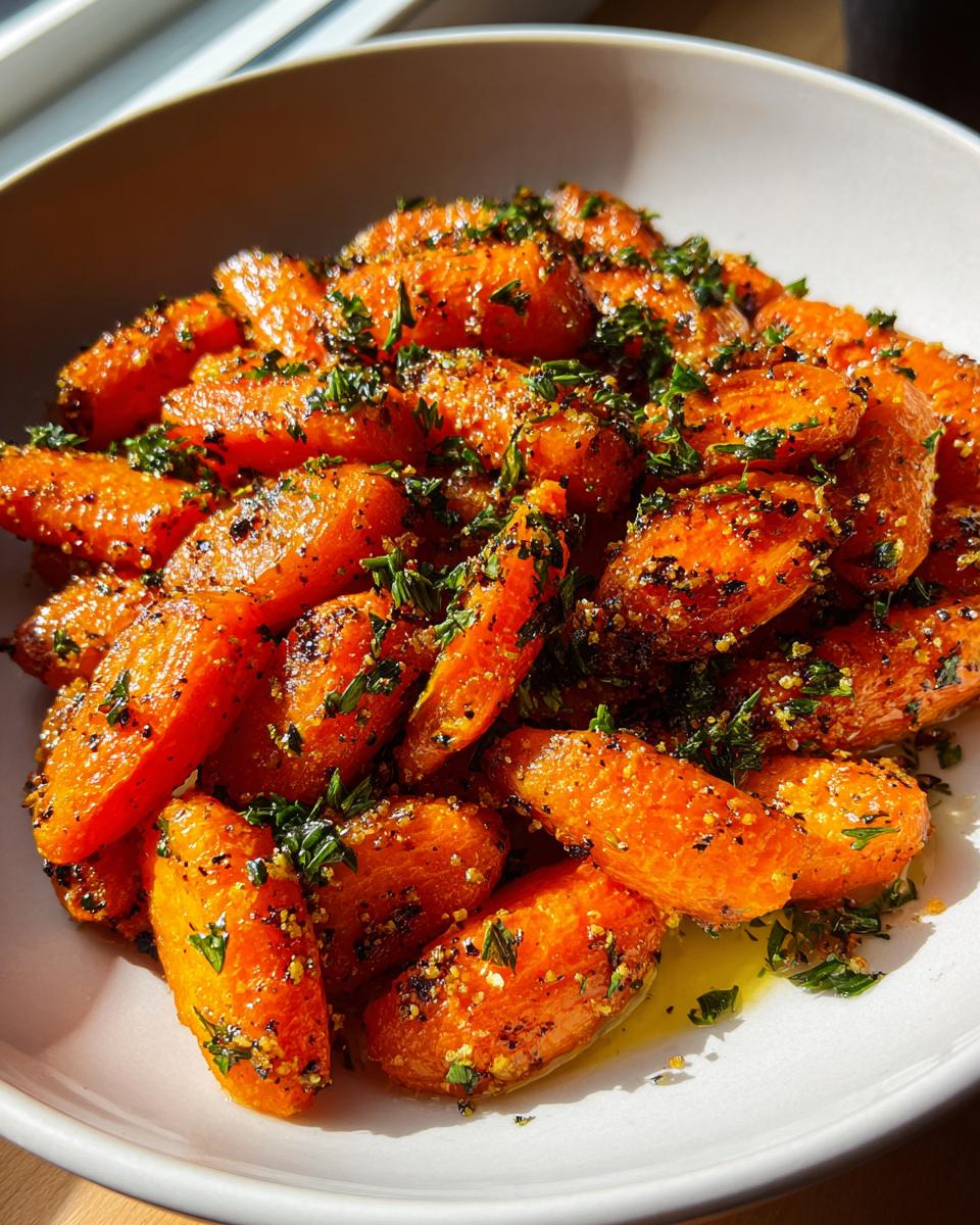 A close-up of vibrant, glazed roasted carrots seasoned with dark spices and fresh green herbs in a white bowl.